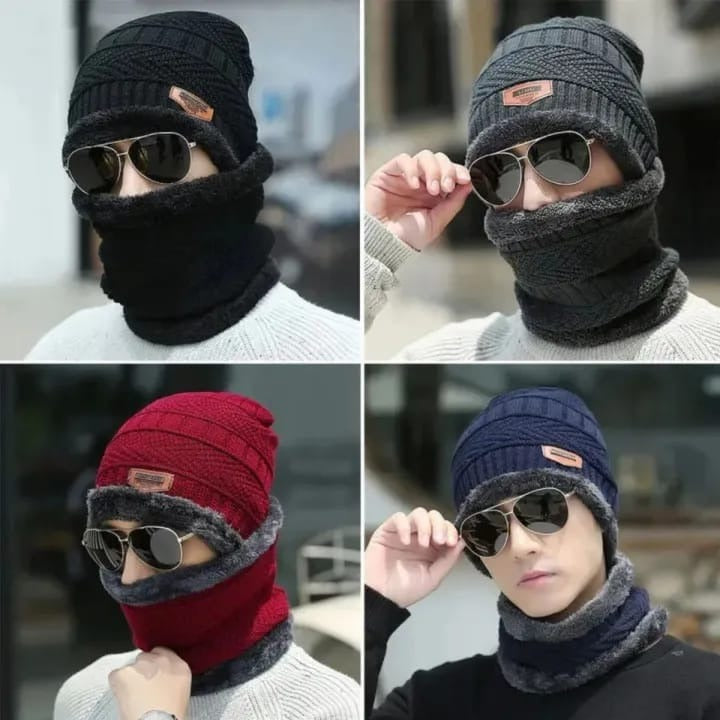 Beanie cap-Wool cap with neck warmer for men
